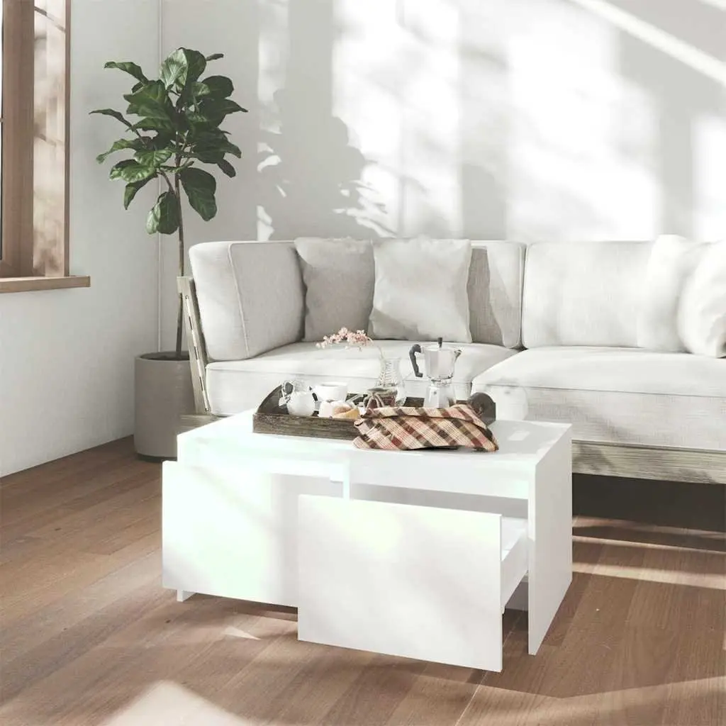 Coffee Table Modern White 90L x 50W x 41.5H cm Engineered Wood with Storage Drawers