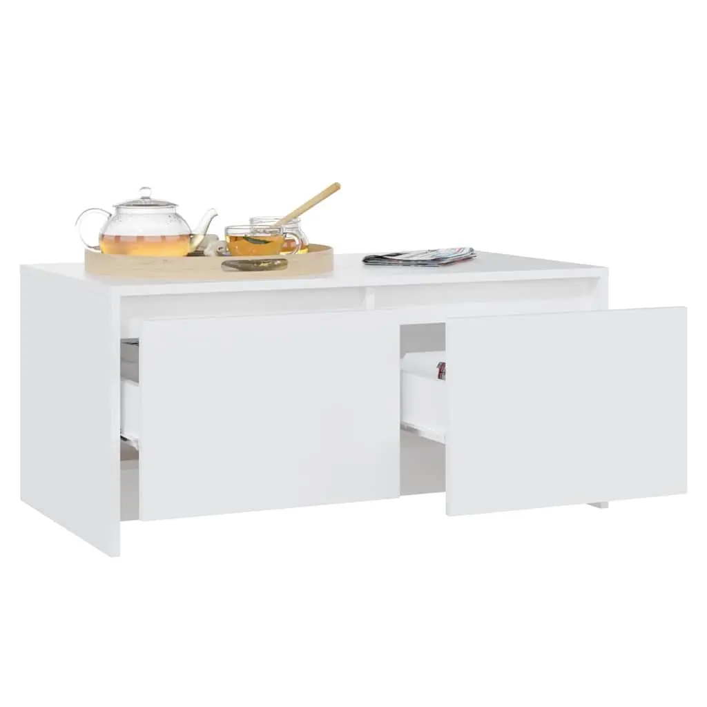 Coffee Table Modern White 90L x 50W x 41.5H cm Engineered Wood with Storage Drawers