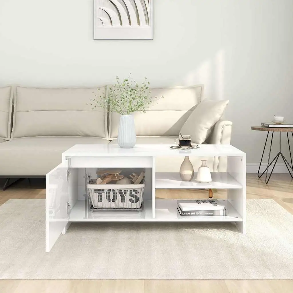 Modern White Coffee Table with Storage Compartment and Shelves for Living Room