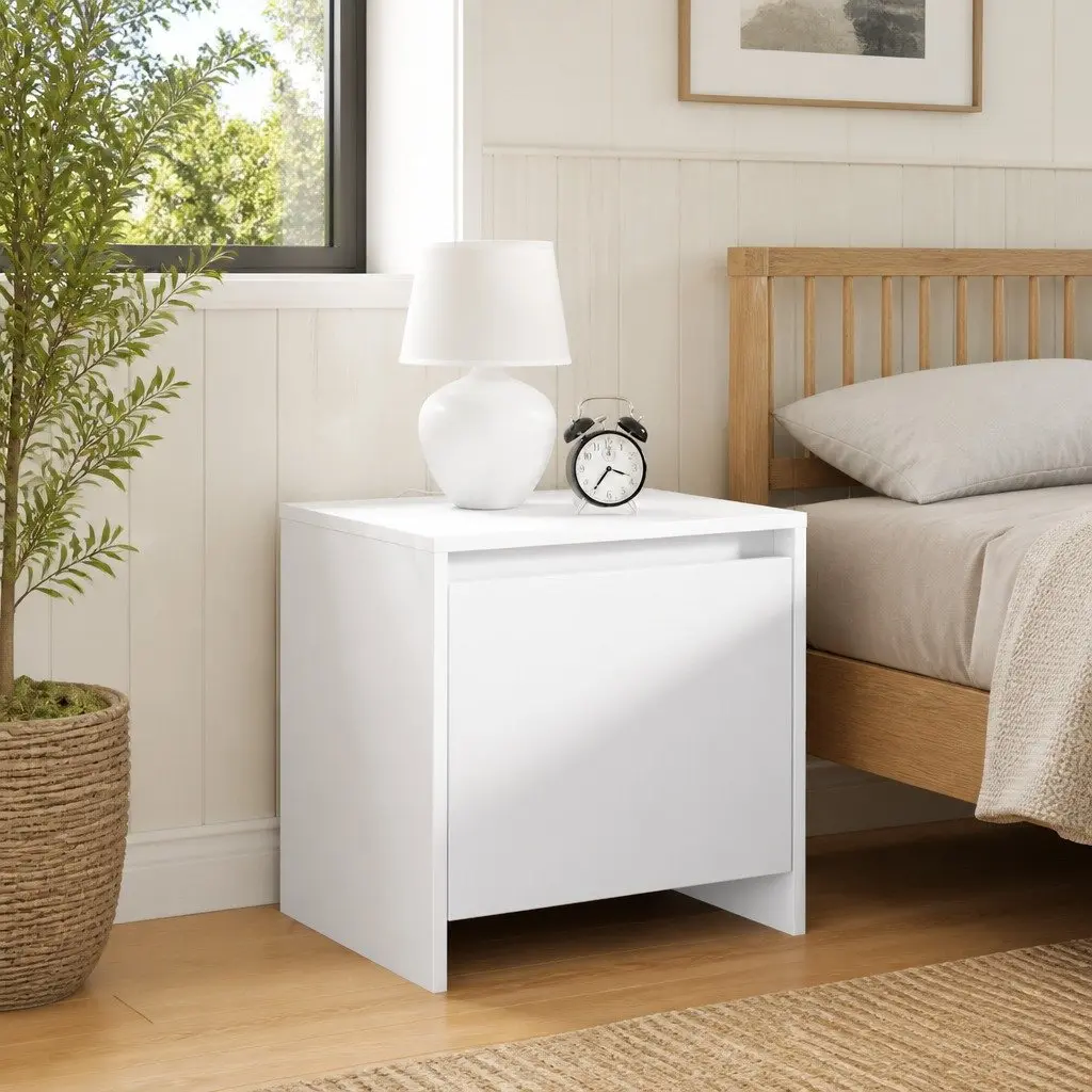 Bedside Cabinet White Engineered Wood Nightstand Storage