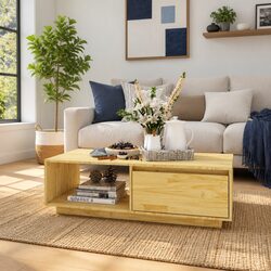 Solid Pinewood Coffee Table with Storage Shelf 110x50x33.5cm