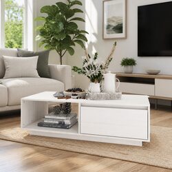 White Solid Pinewood Coffee Table for Living Room