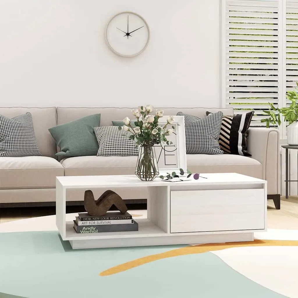 White Solid Pinewood Coffee Table for Living Room