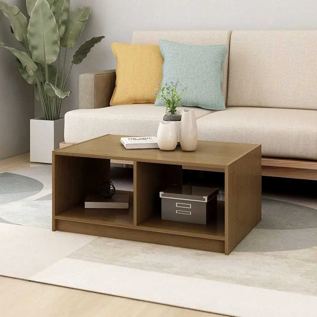 Coffee Table Modern Brown Solid Pinewood 75L x 50W x 33.5H cm Living Room Accent Furniture with Lower Storage Shelf