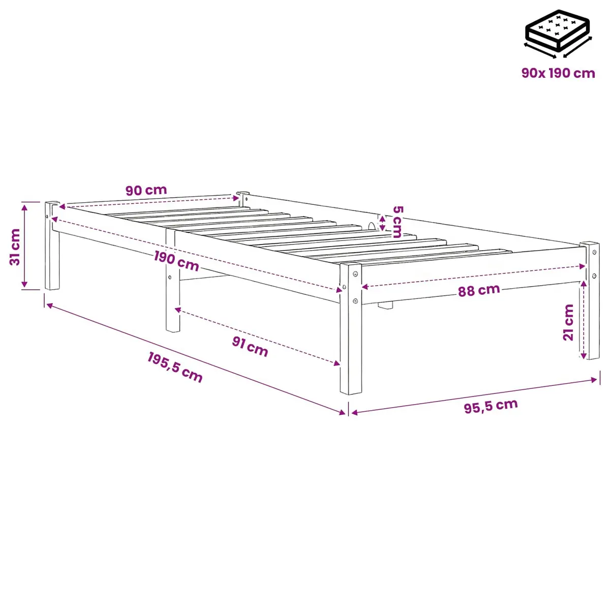 White Solid Pinewood Bed Frame 90x190 cm with Slatted Base