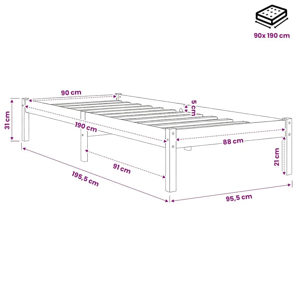 White Solid Pinewood Bed Frame 90x190 cm with Slatted Base