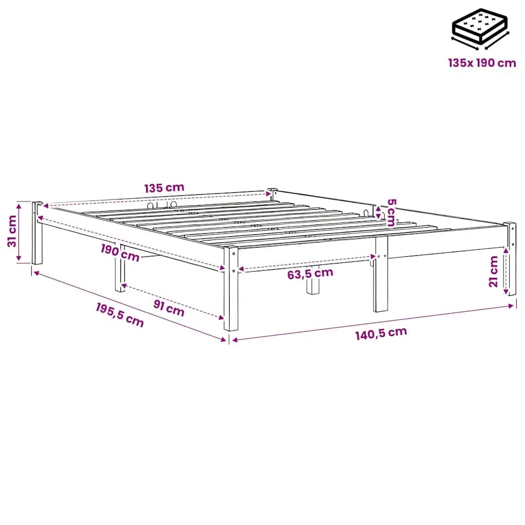 White Solid Wood Bed Frame 135x190 cm