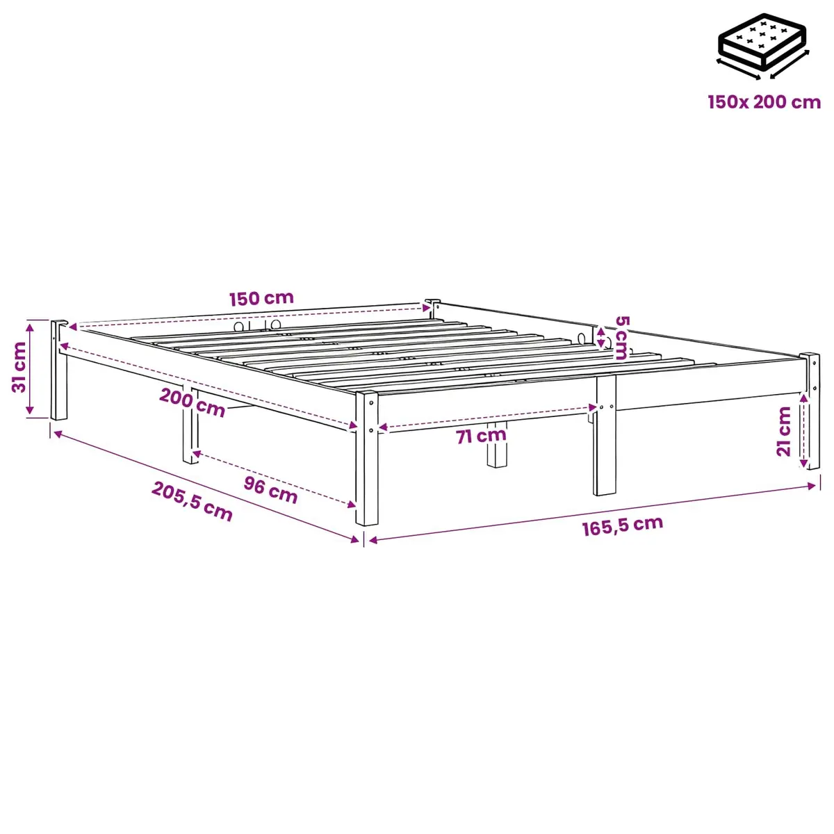 Brown Solid Wood Bed Frame 150x200 cm with Slatted Base