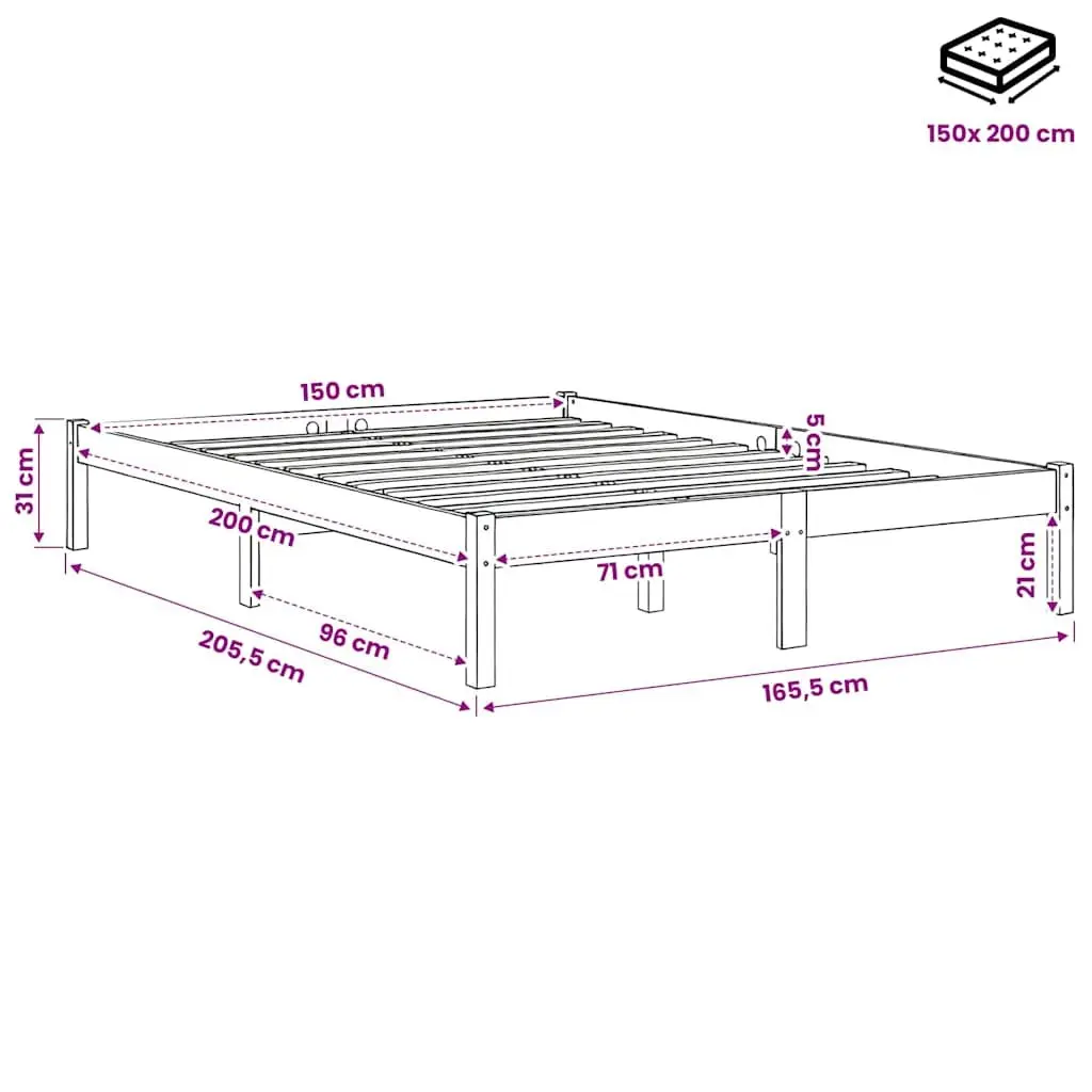 White Solid Wood Bed Frame 150x200 cm with Slatted Base