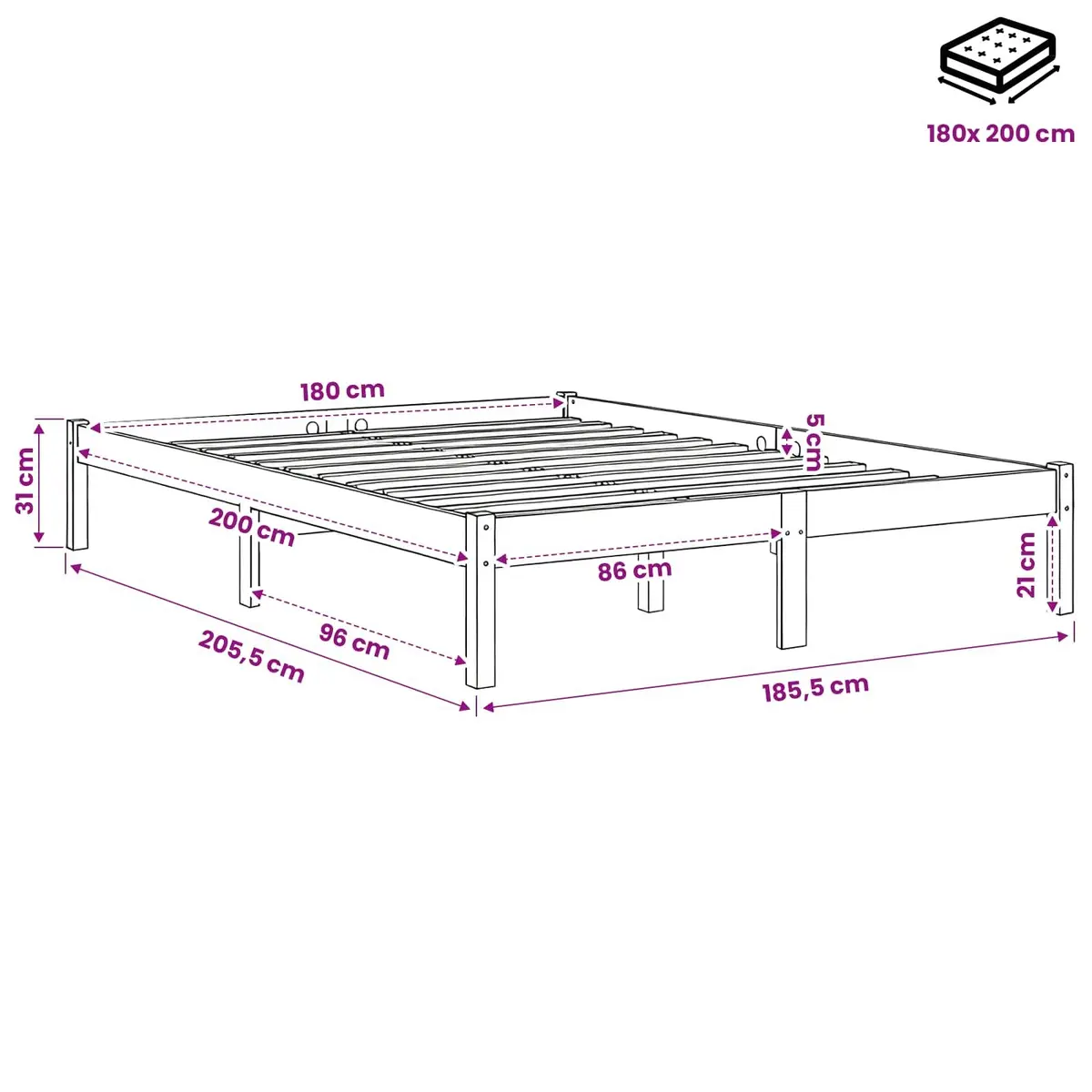 White Solid Wood King Bed Frame 183x203cm for Comfort