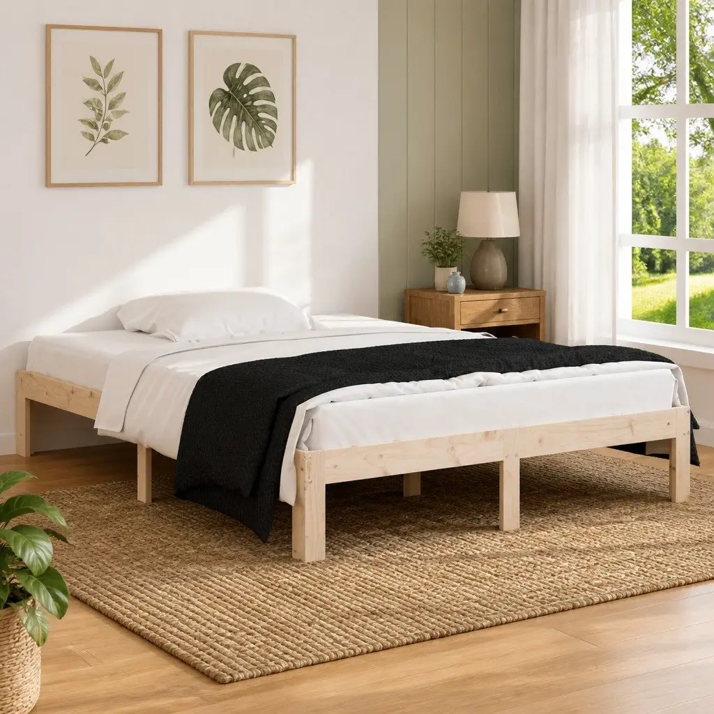 Brown Solid Pine Wood Double Bed Frame 135x190 cm