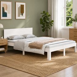 White Wooden Bed Frame 150x200cm Solid Pine Modern