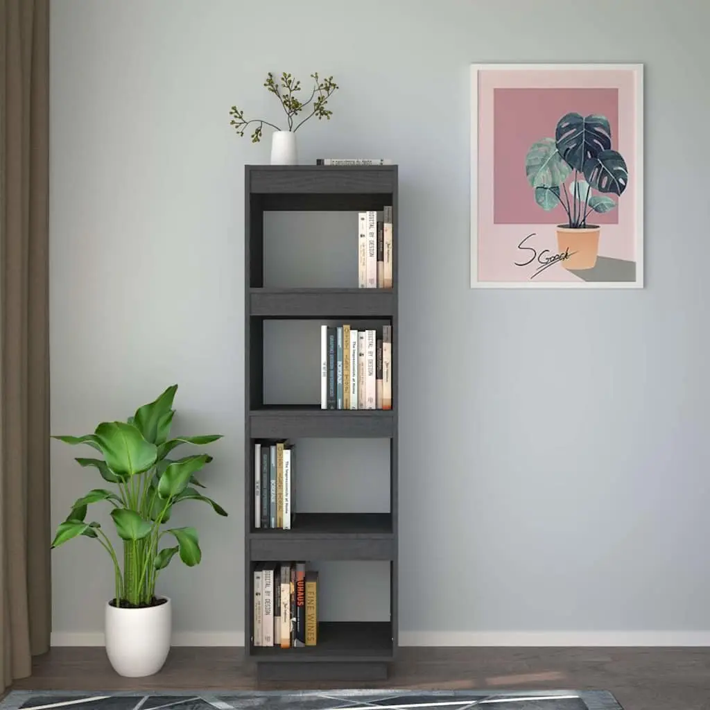 Book Cabinet Room Divider Grey Solid Pinewood Shelving Storage Unit
