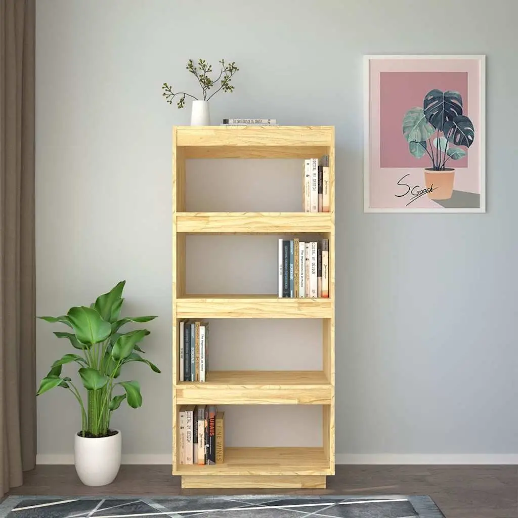 Wooden Book Cabinet Room Divider Brown Solid Pinewood Shelving Unit