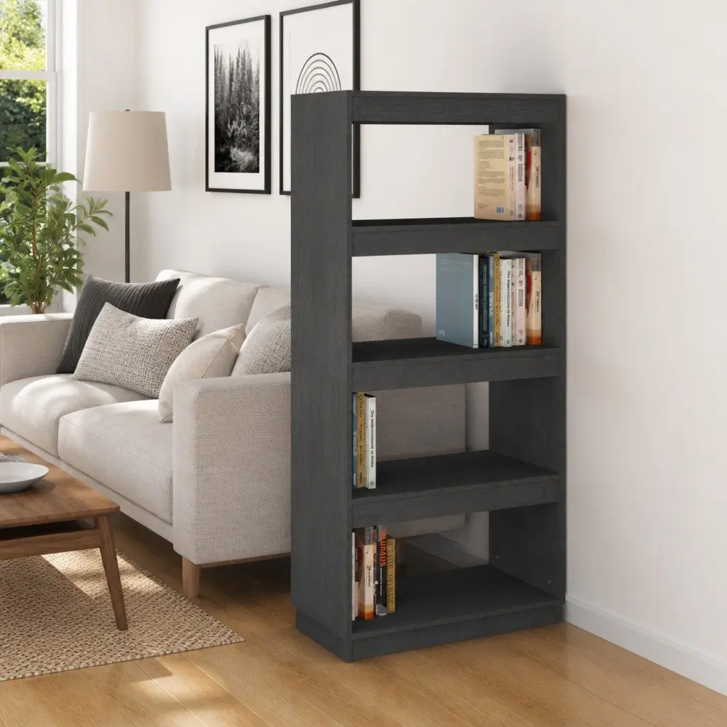 Book Cabinet Room Divider Grey 60x35x135cm Solid Pinewood Shelving Storage