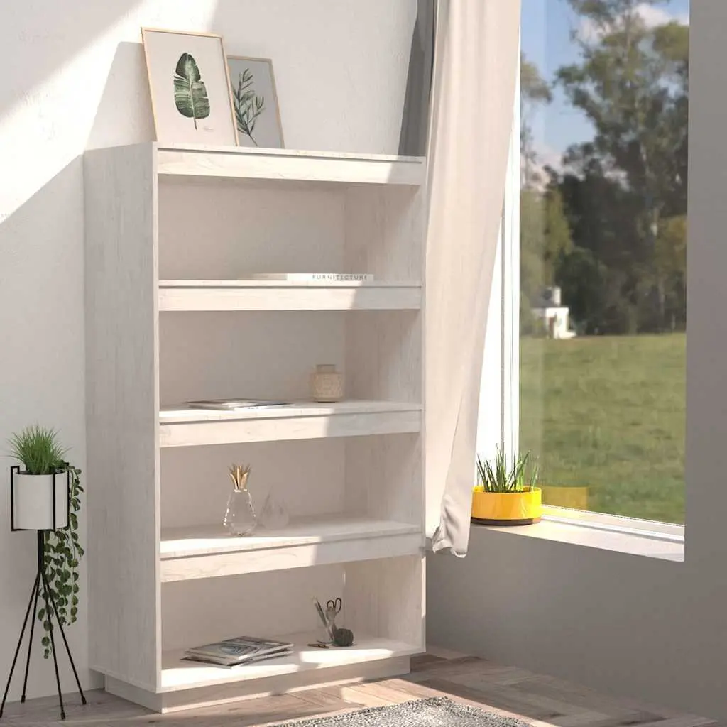 Book Cabinet White Wooden Shelving Unit 80W x 35D x 135H cm Solid Pinewood Storage Bookcase Organiser