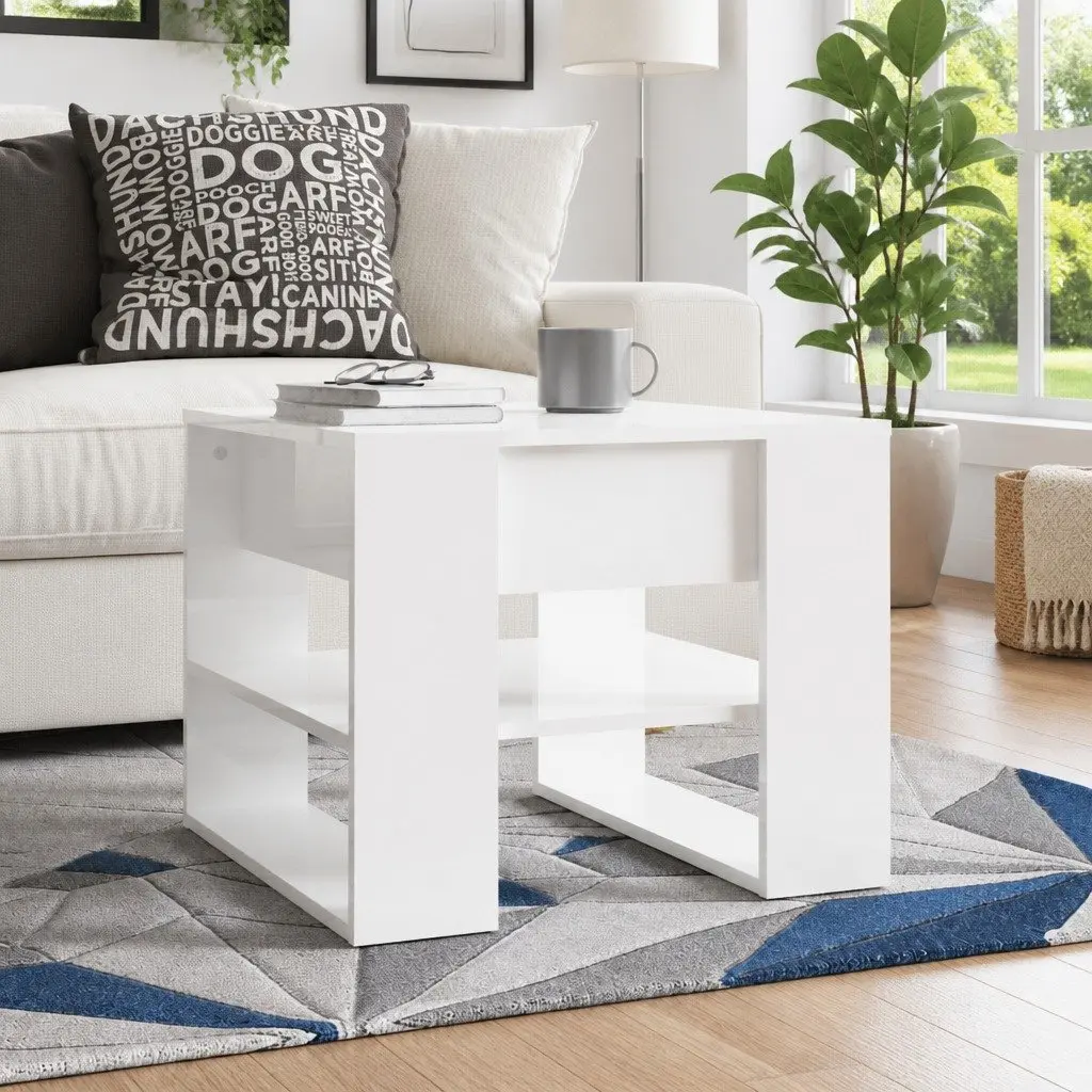 Coffee Table High Gloss White Storage Shelf Engineered Wood 55.5 x 55 x 45 cm