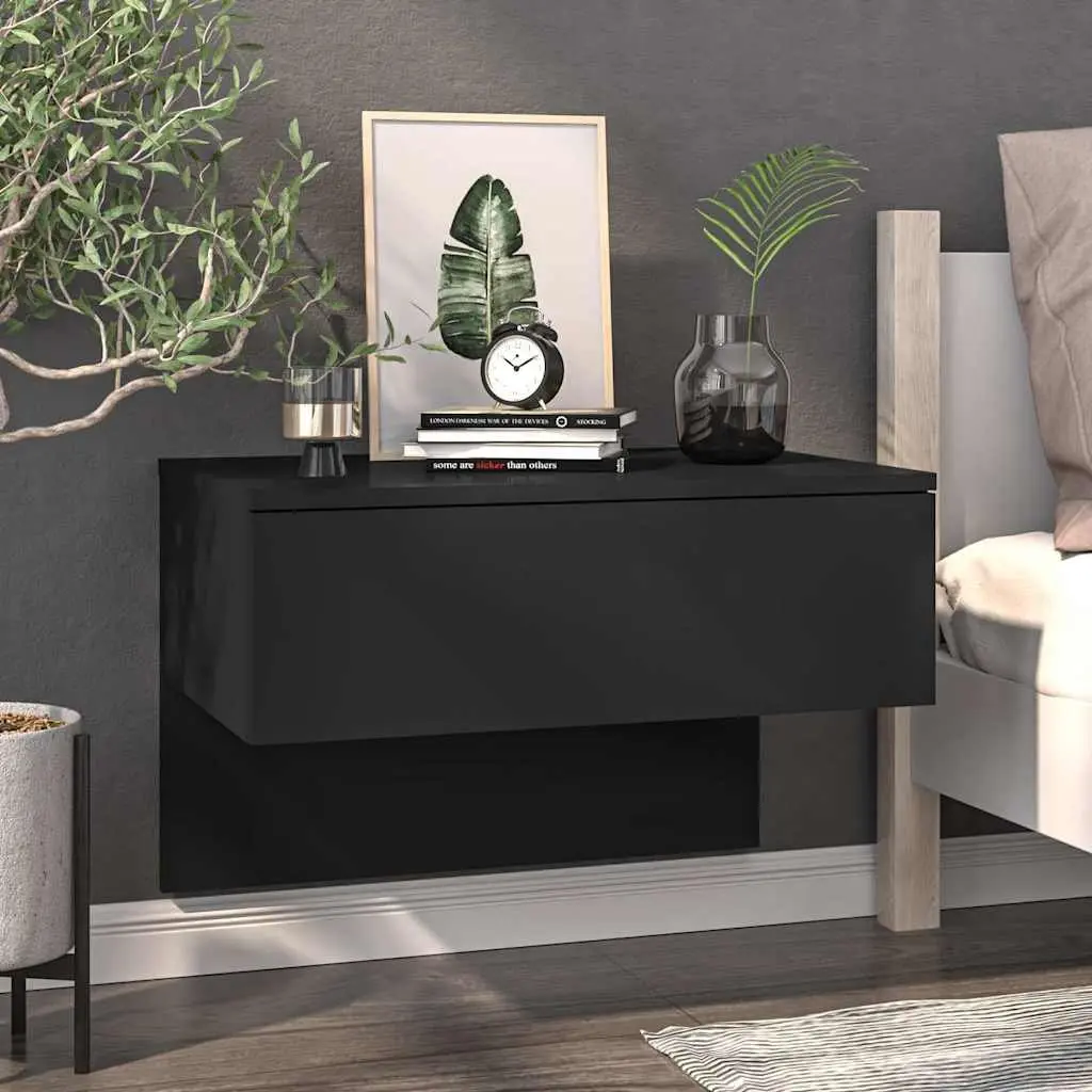 Set of 2 Black Floating Wall-mounted Bedside Cabinets