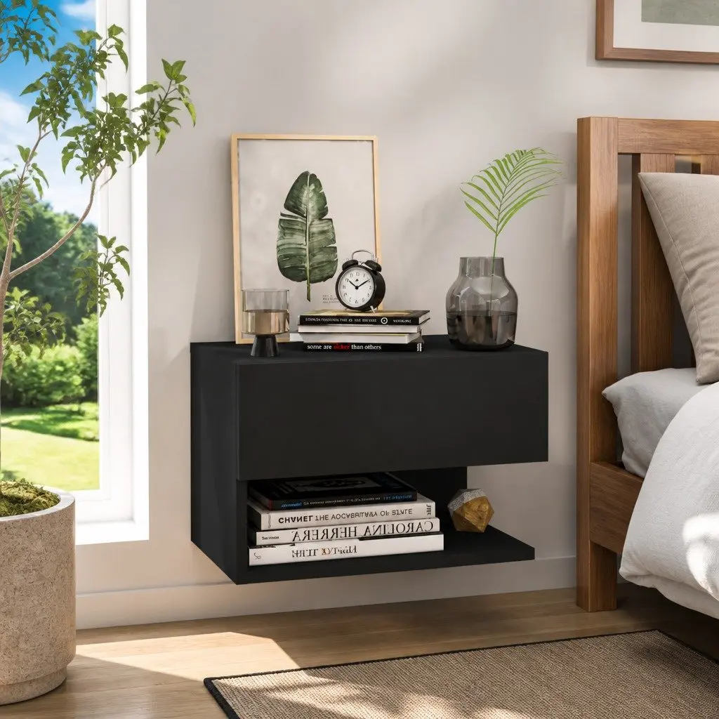 Wall-mounted Bedside Cabinet Black Floating Storage Unit Engineered Wood