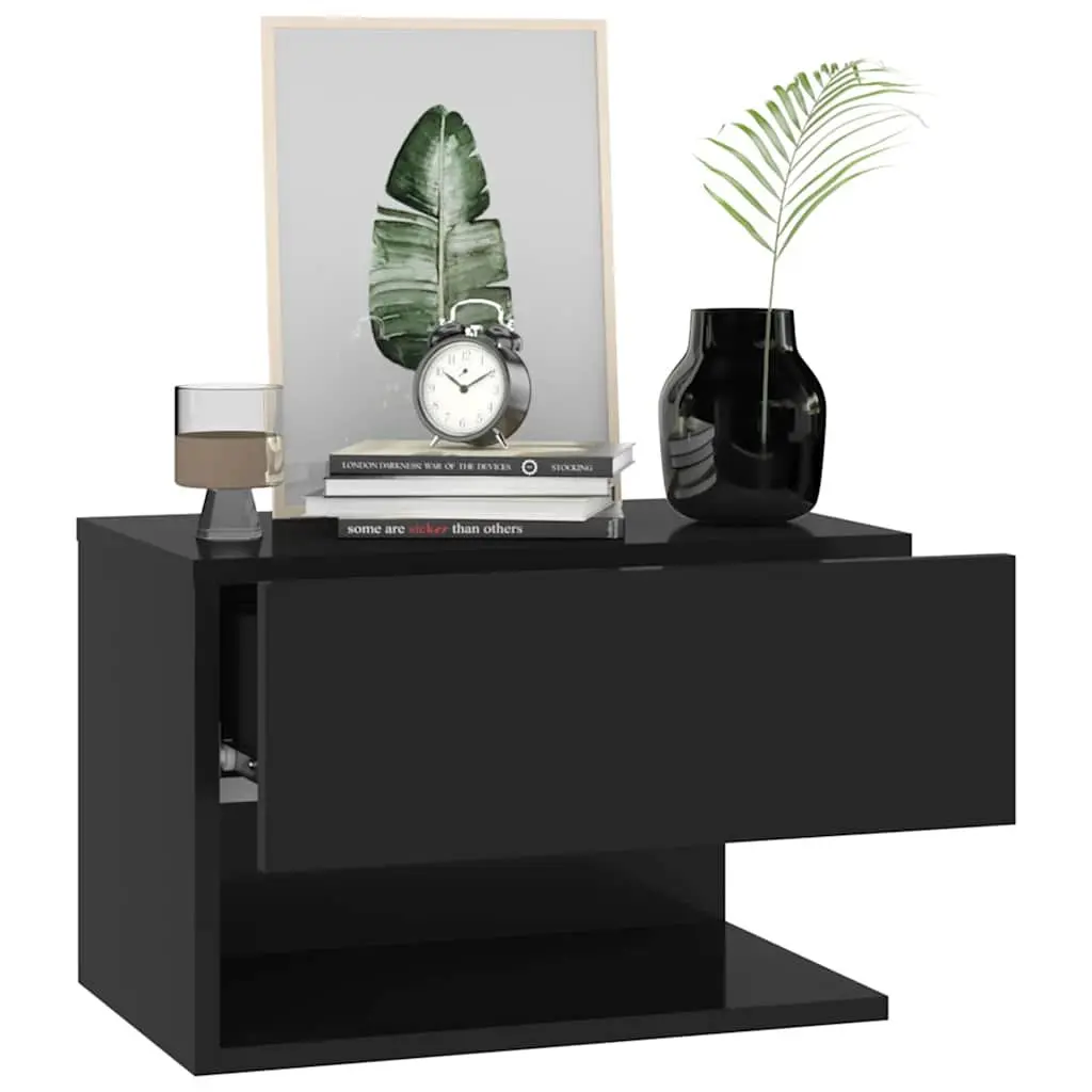 Wall-mounted Bedside Cabinet Black Floating Storage Unit Engineered Wood