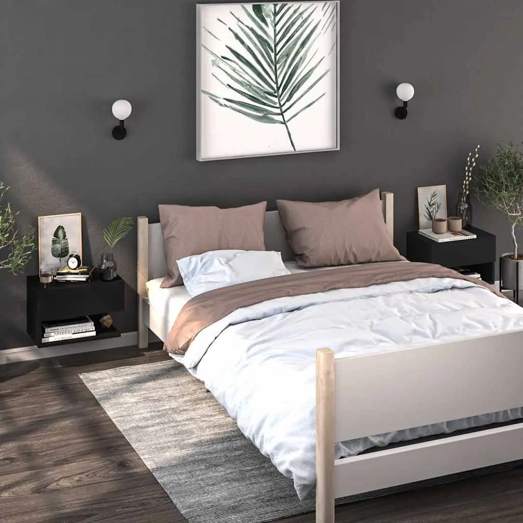 Wall-mounted Bedside Cabinet Black Floating Storage Unit Engineered Wood