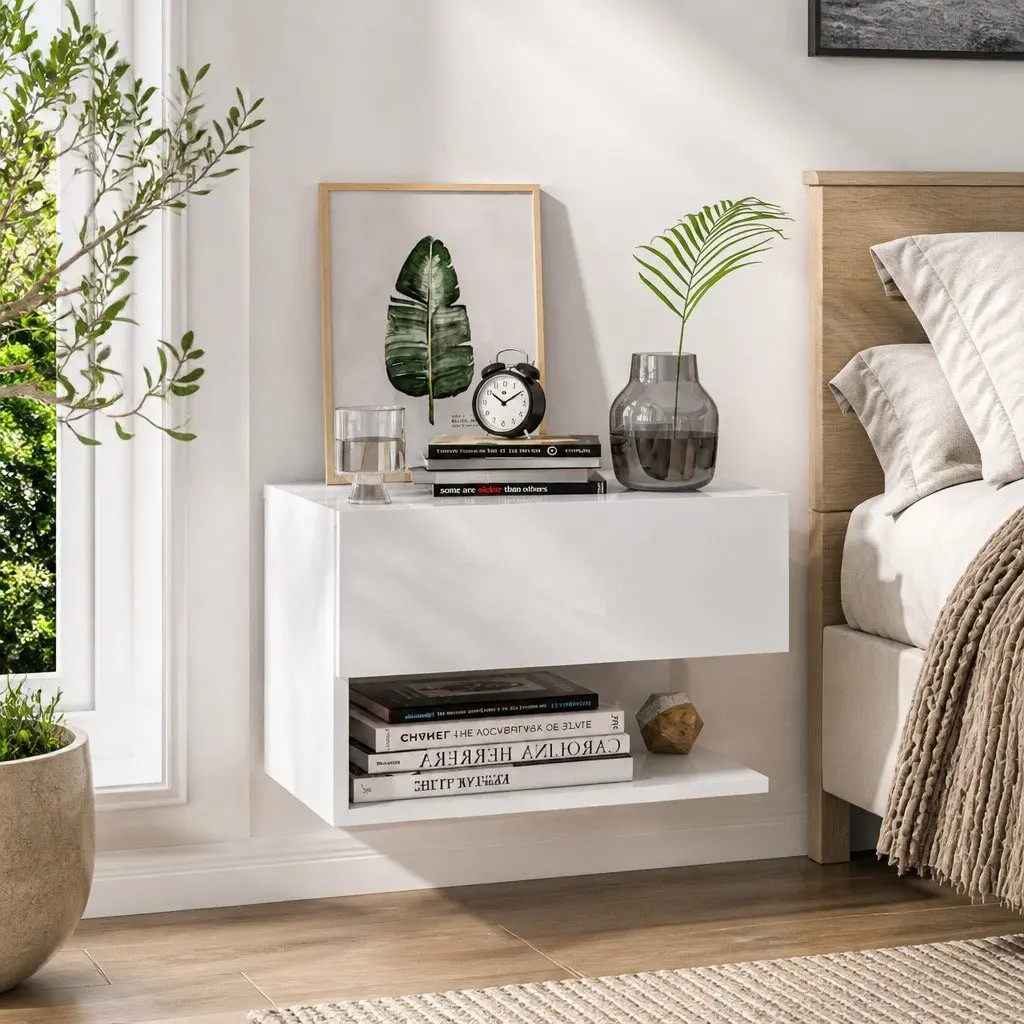 Wall-mounted Bedside Cabinet High Gloss White Floating Storage Unit Engineered Wood