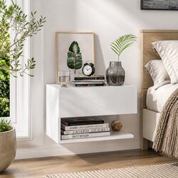 High Gloss White Floating Storage Bedside Cabinet