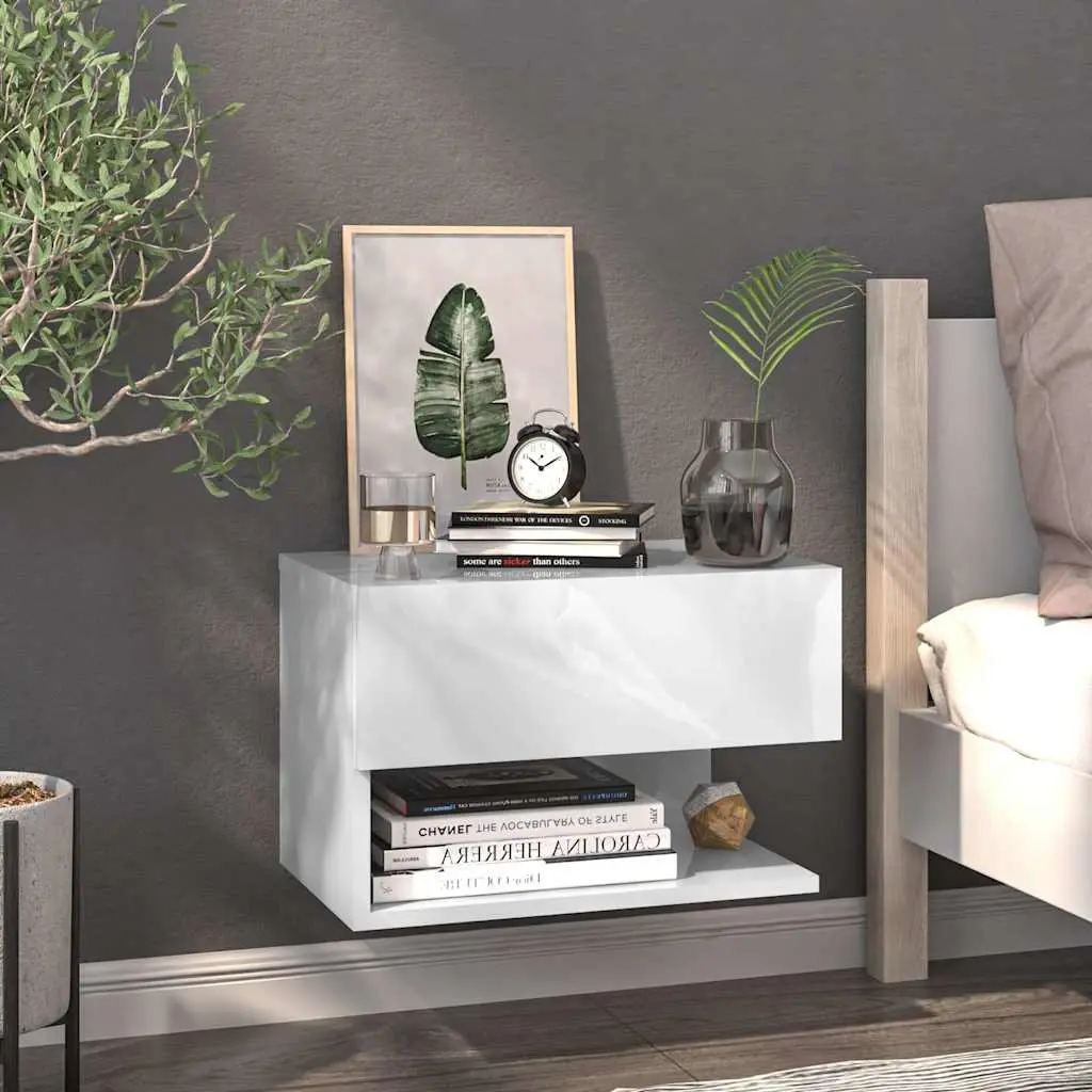 Wall-mounted Bedside Cabinets High Gloss White 2 Piece Engineered Wood