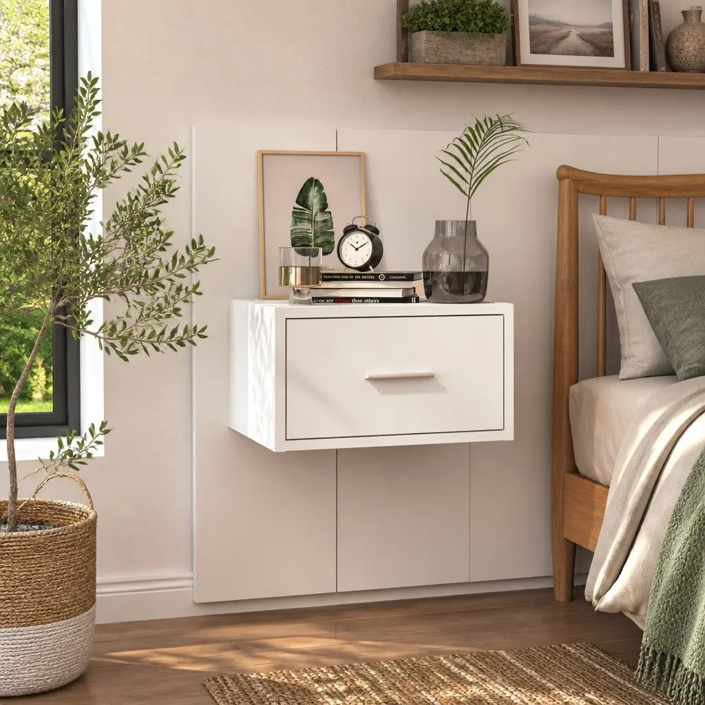 Wall-mounted Bedside Cabinet White Floating Storage Unit Engineered Wood