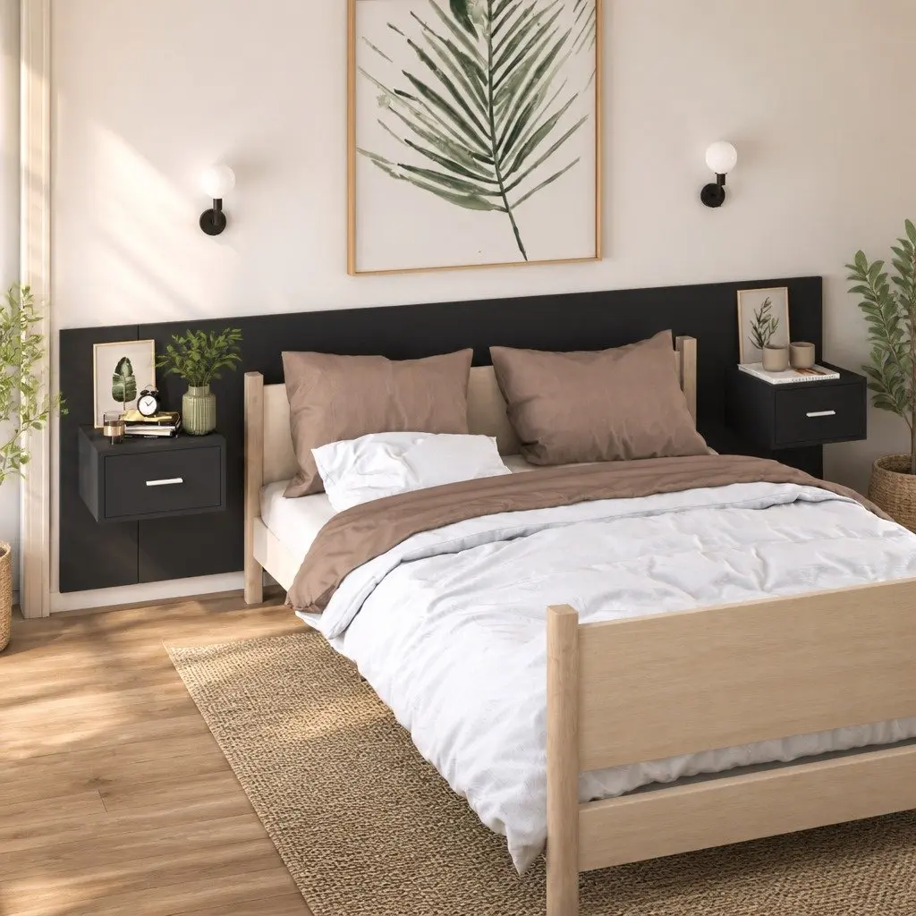 Wall-mounted Bedside Cabinets 2 pcs Black Floating Storage Drawer Bedroom