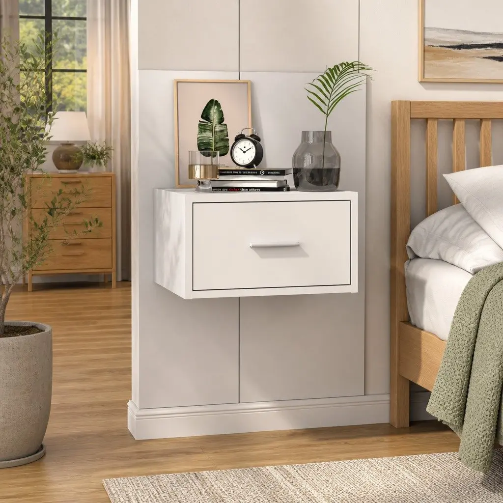 Wall-mounted Bedside Cabinet High Gloss White Engineered Wood Floating Storage Unit