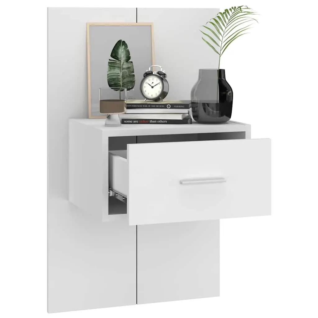 Wall-mounted Bedside Cabinet High Gloss White Engineered Wood Floating Storage Unit