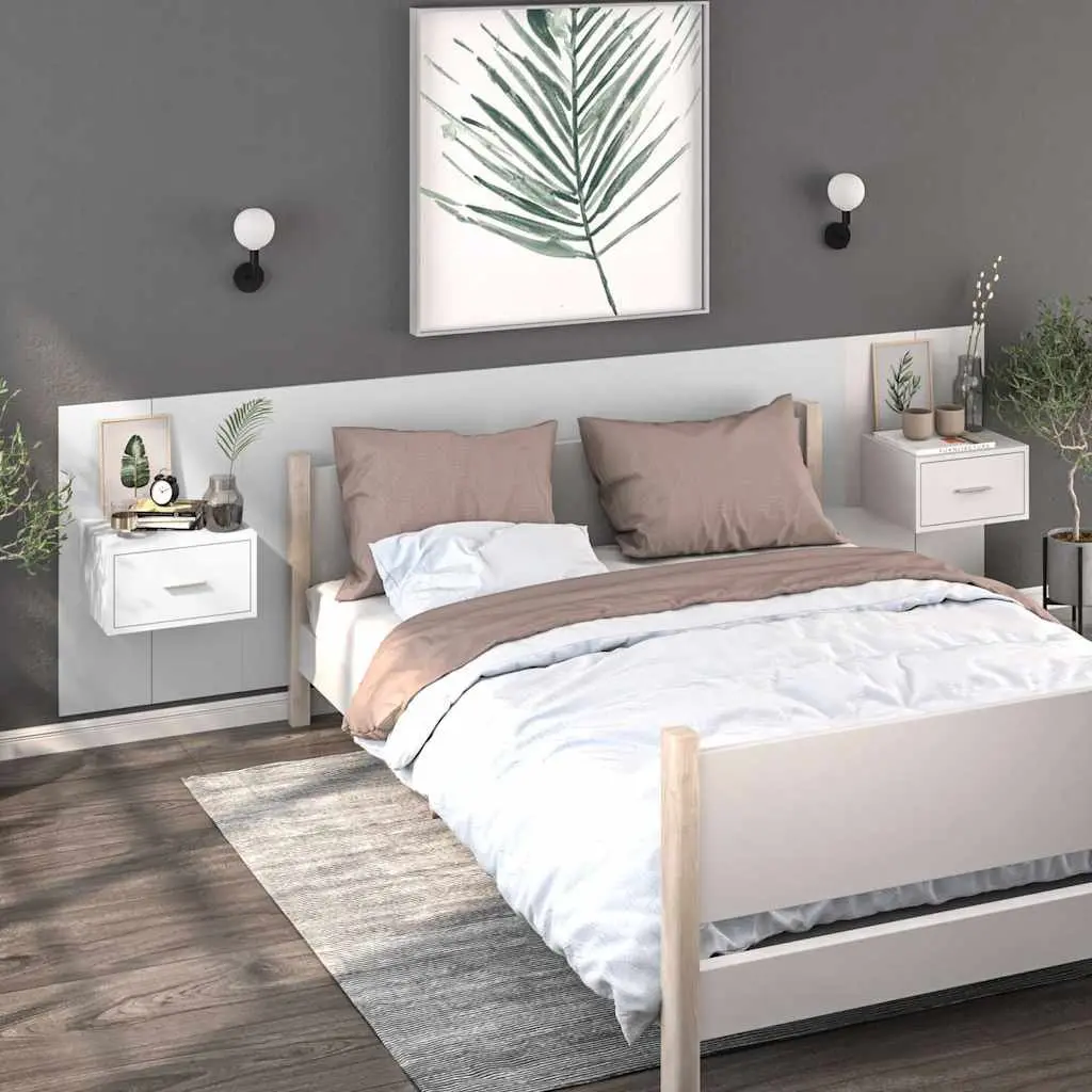 Wall-mounted Bedside Cabinet High Gloss White Engineered Wood Floating Storage Unit