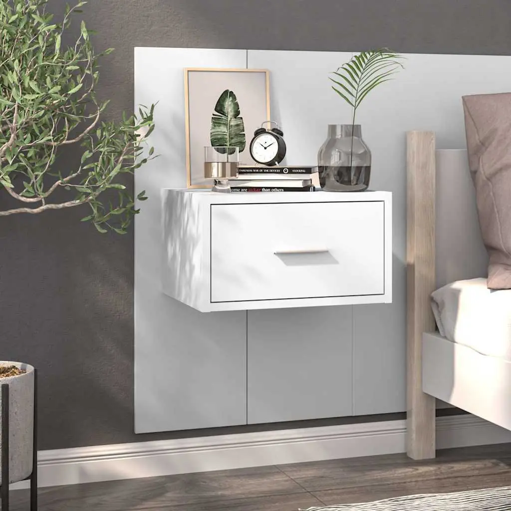 Wall-mounted Bedside Cabinets High Gloss White 2 pcs Engineered Wood Storage Drawers