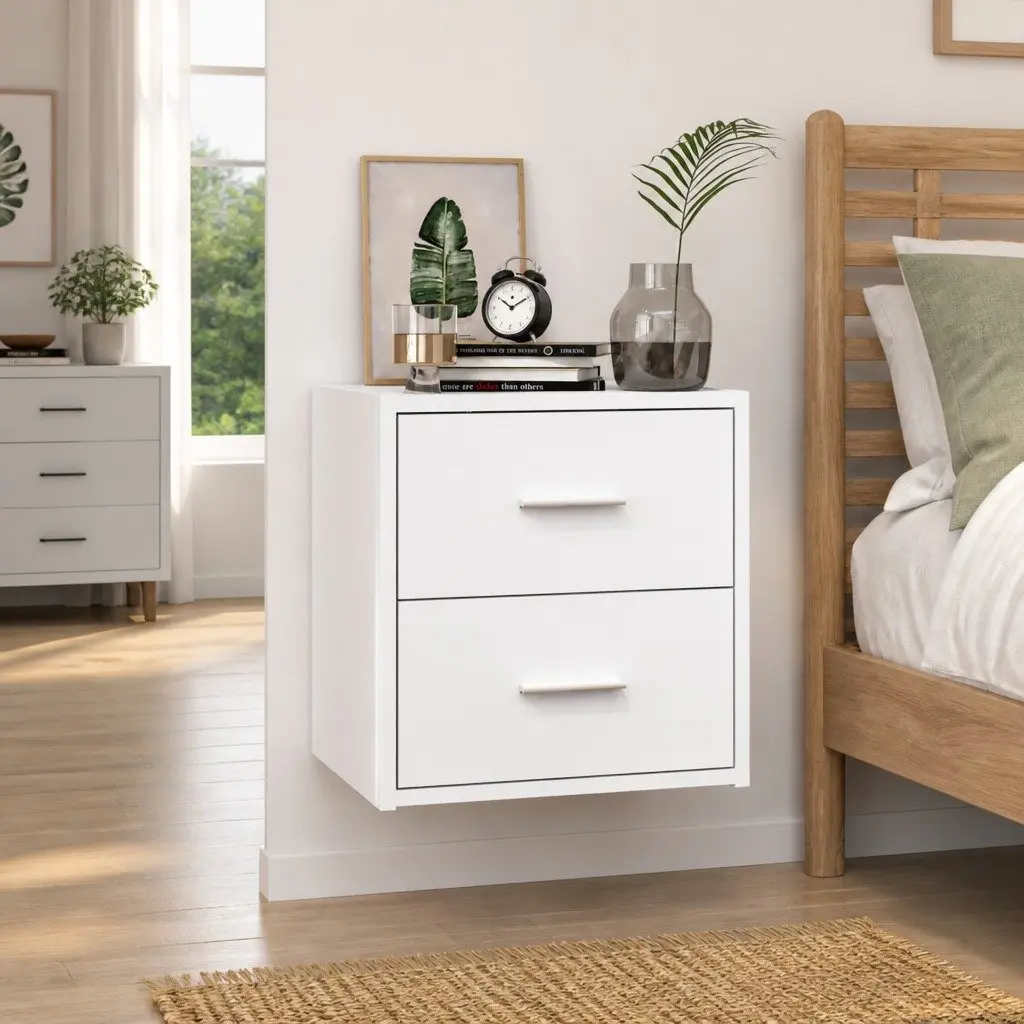 Floating Bedside Cabinet High Gloss White Wall-Mounted Storage Drawer Unit
