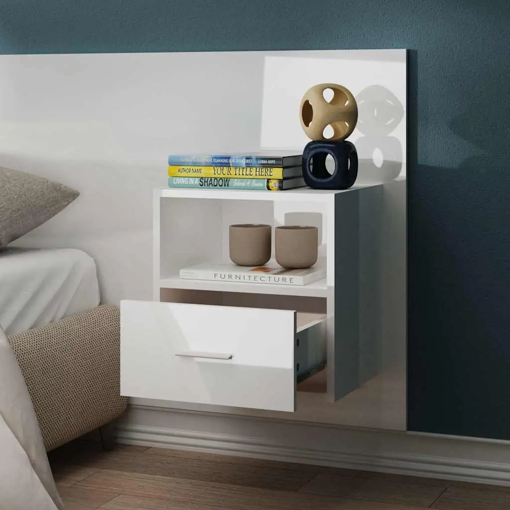 Wall-mounted Bedside Cabinet Storage Unit White High Gloss Engineered Wood