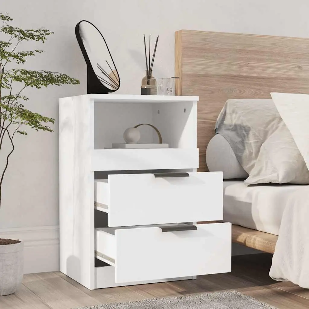 Nightstand White Engineered Wood 2 Drawer 1 Compartment Bedside Cabinet