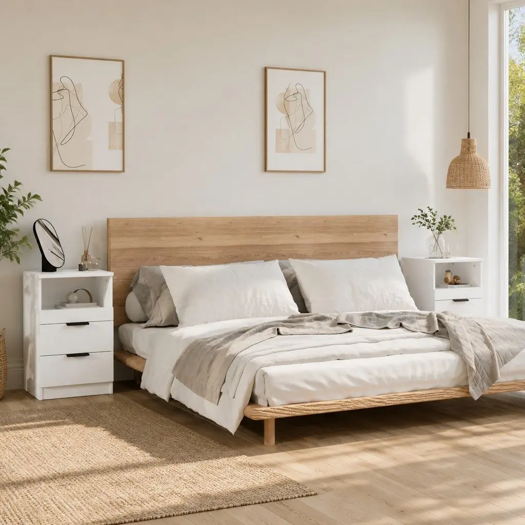 Bedside Cabinets White 2 Piece Engineered Wood Nightstand with Drawers Storage