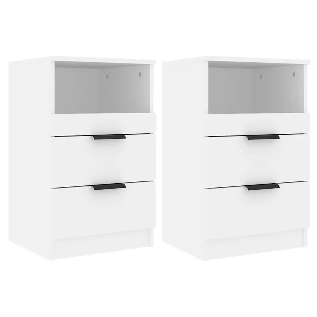 Bedside Cabinets White 2 Piece Engineered Wood Nightstand with Drawers Storage