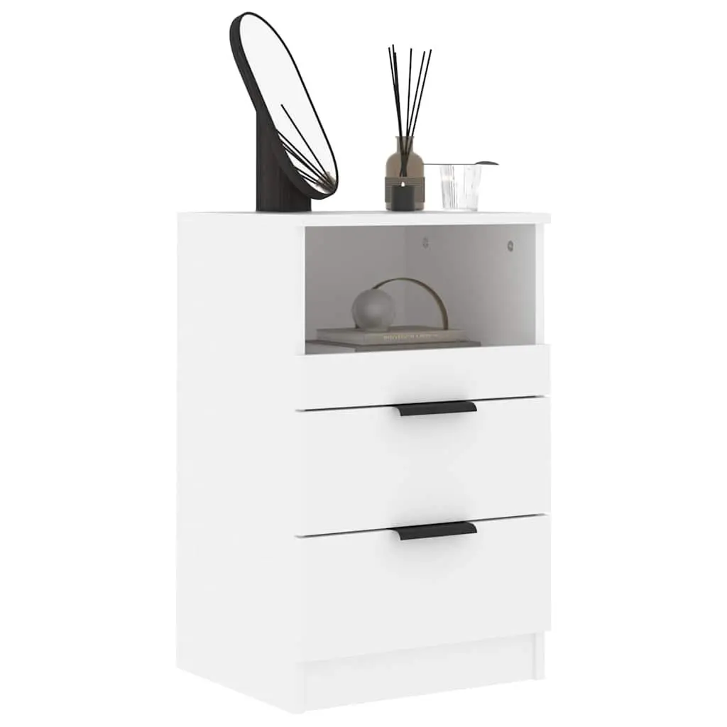 Bedside Cabinets White 2 Piece Engineered Wood Nightstand with Drawers Storage