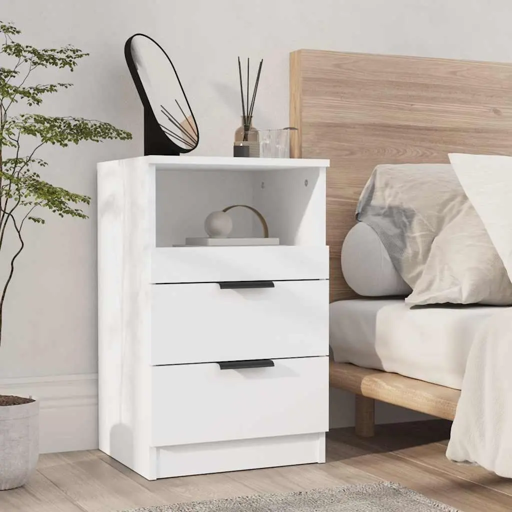 Bedside Cabinets White 2 Piece Engineered Wood Nightstand with Drawers Storage
