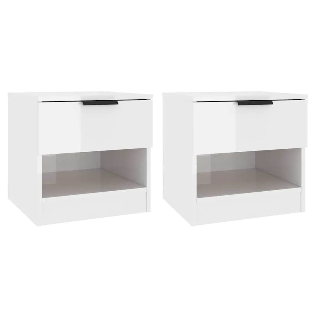 Bedside Cabinets 2 pcs High Gloss White Engineered Wood Nightstands Storage