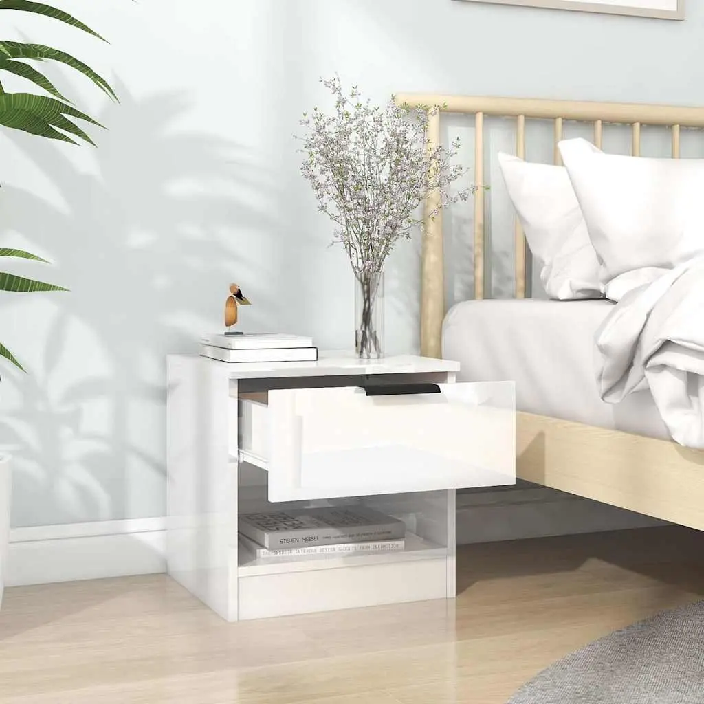 Bedside Cabinets 2 pcs High Gloss White Engineered Wood Nightstands Storage