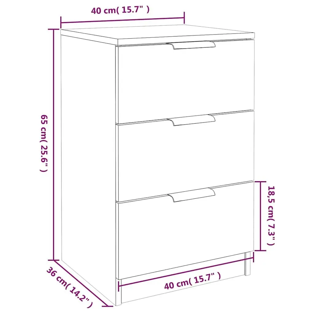Bedside Cabinet White Engineered Wood 40x36x65cm Storage Nightstand with 3 Drawers