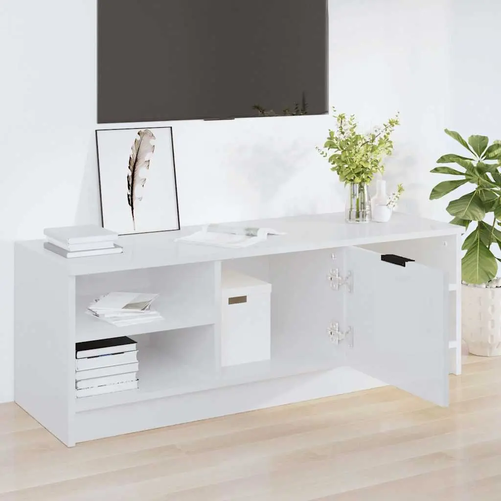 Engineered Wood TV Stand High Gloss White Media Console 102x35.5x36.5cm Storage Unit