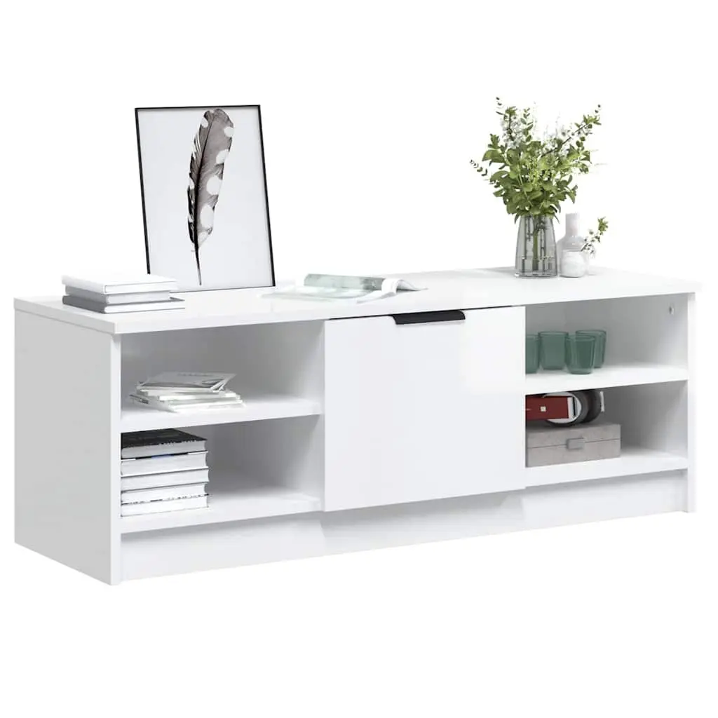 Engineered Wood TV Stand High Gloss White Media Console 102x35.5x36.5cm Storage Unit