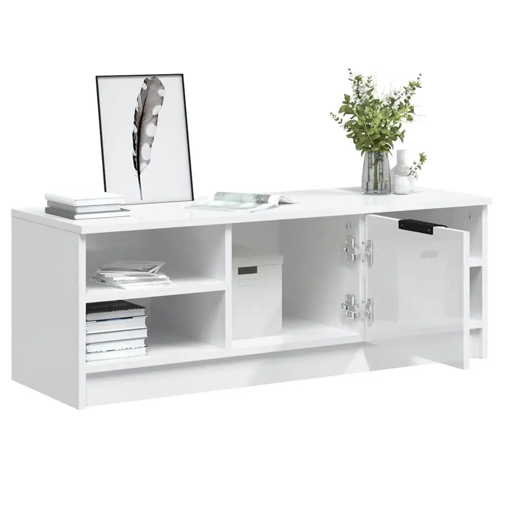 Engineered Wood TV Stand High Gloss White Media Console 102x35.5x36.5cm Storage Unit