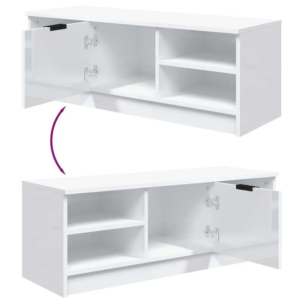 Engineered Wood TV Stand High Gloss White Media Console 102x35.5x36.5cm Storage Unit
