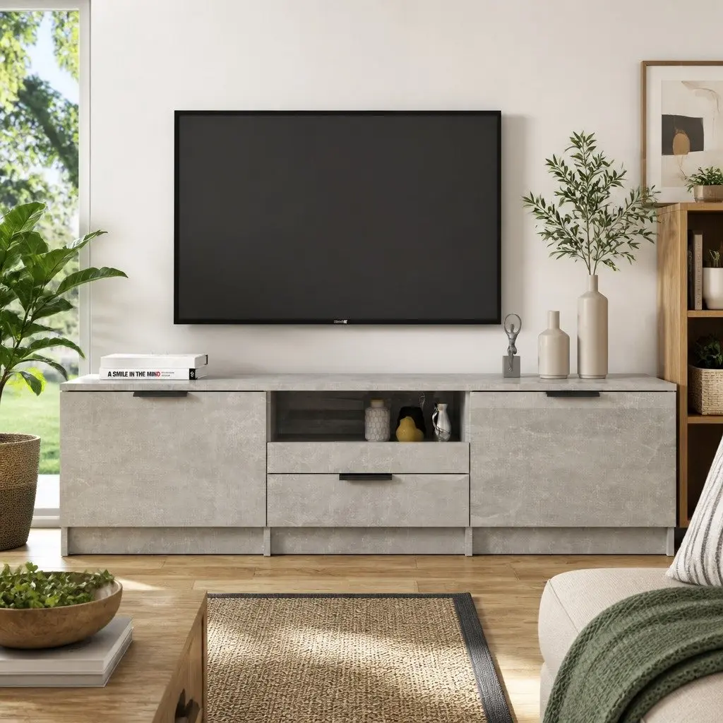 TV Cabinet Grey Engineered Wood Modern 140 x 35 x 40 cm Storage Unit Three Compartments Drawer