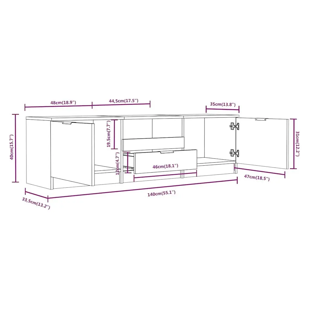 TV Cabinet Grey Engineered Wood Modern 140 x 35 x 40 cm Storage Unit Three Compartments Drawer